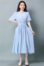 板酷2026夏装新款时尚短袖连衣裙大摆捏褶系带B635图片