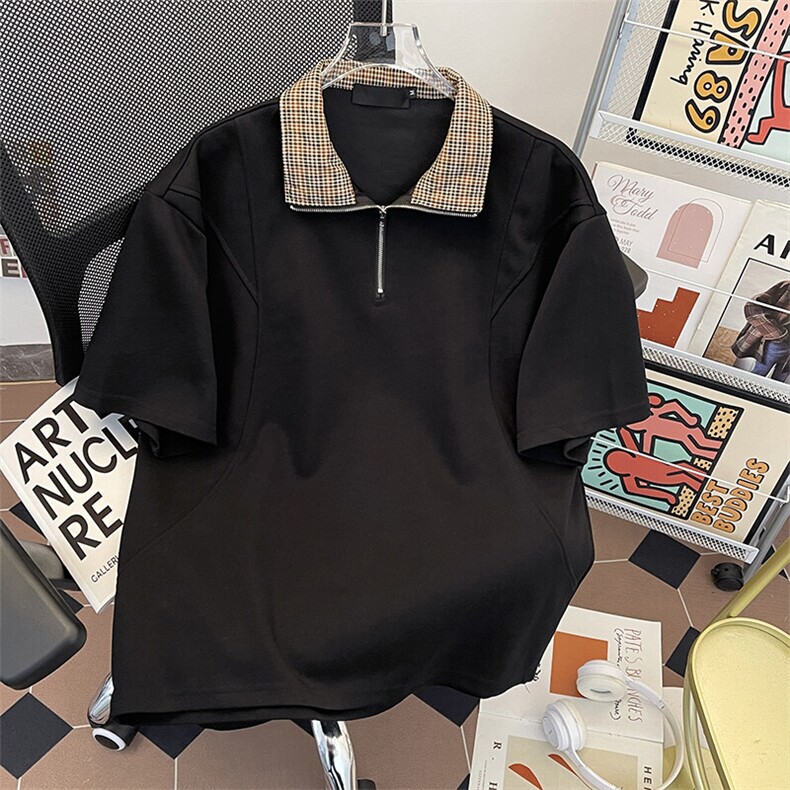 立领格子拼色T恤短袖美式高街宽松体恤衫XZ212-1-QXT2506-P38,男装T恤,星座212-1