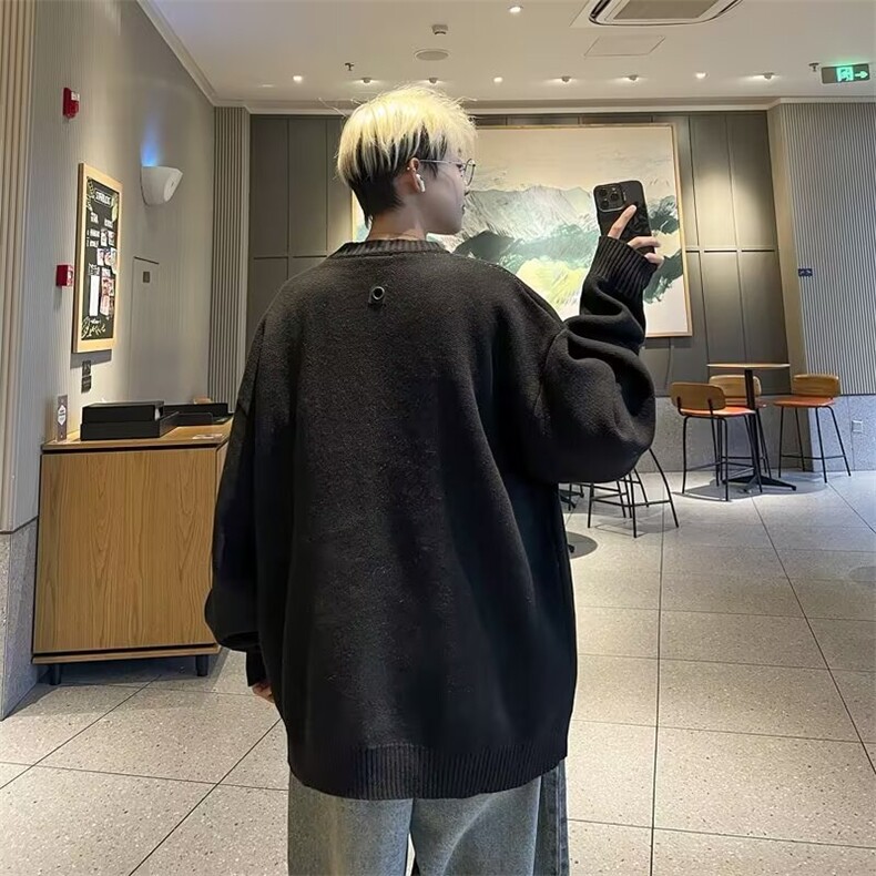 多行标语圆领毛衣男女情侣潮牌春秋季美式复古套头针织衫M6523,男装针织衫/毛衣,星座506