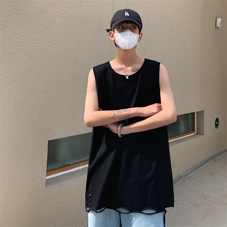 2025夏季马甲日系大码男双纱重磅破洞情侣无袖汗背心T264/P35控55图片