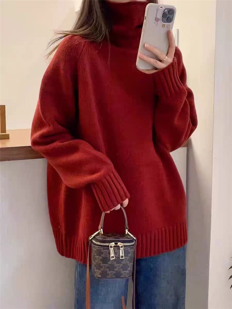 韩版宽松慵懒风高领加厚100%纯羊毛衫女长袖针织毛衣打底羊绒上衣,针织衫/毛衣,冀清阳荣