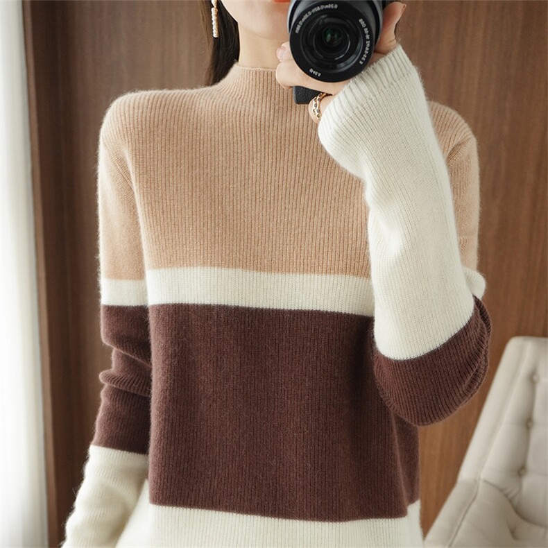 女式拼色羊毛衫羊毛简约时尚柔软舒适，女装羊毛衫，开创羊绒