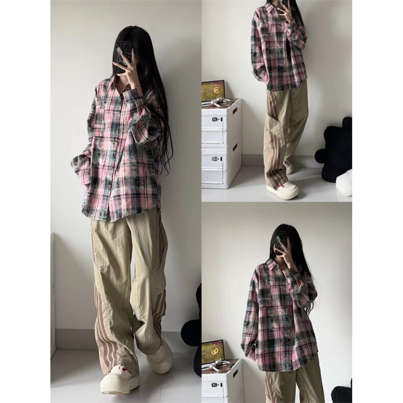 【有货】粉色格子衬衫男女款vintage美式复古长袖衬衣C54WW-特P45,男装衬衫,星座1007（原301D）