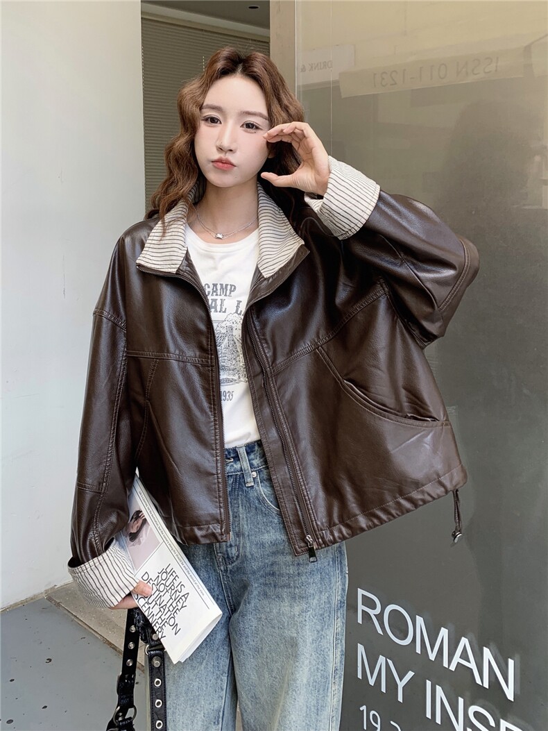美式复古高级感条纹撞色PU皮衣外套女2025春秋季新款韩系显瘦夹克,女装皮衣,蝶眷