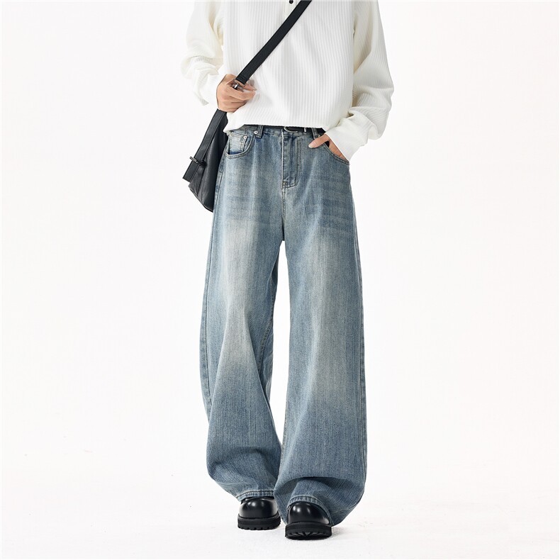 美式复古竹节纹牛仔裤弯刀宽松百搭男女同款阔腿裤KZ22TP50，男装牛仔裤，电商D325