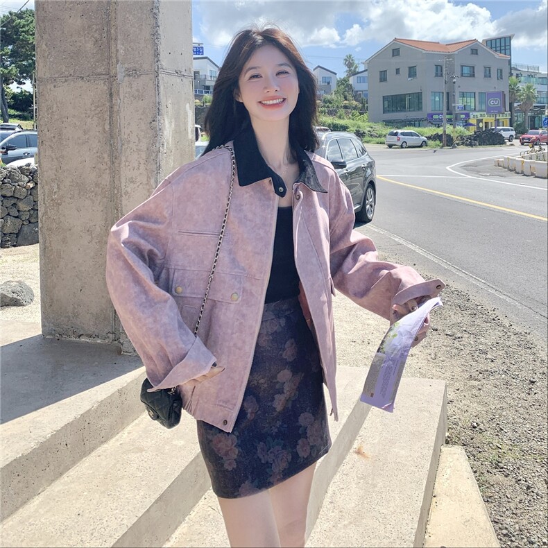 粉色扎染撞色拼接翻领工装外套女2025秋季小个子宽松休闲酷飒夹克,女装短外套,2C113