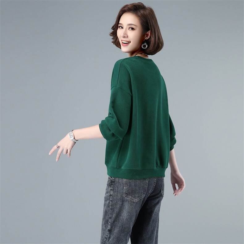 长袖卫衣女2021春秋装新款套头短款纯色40-49周岁圆领宽松单件上衣,女装卫衣/绒衫,伊满意