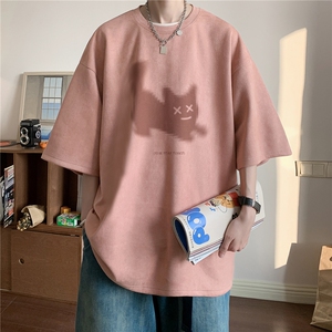 小猫印花麂皮绒短袖t恤男款夏季2025新款美式潮牌情侣重磅体恤衫图片