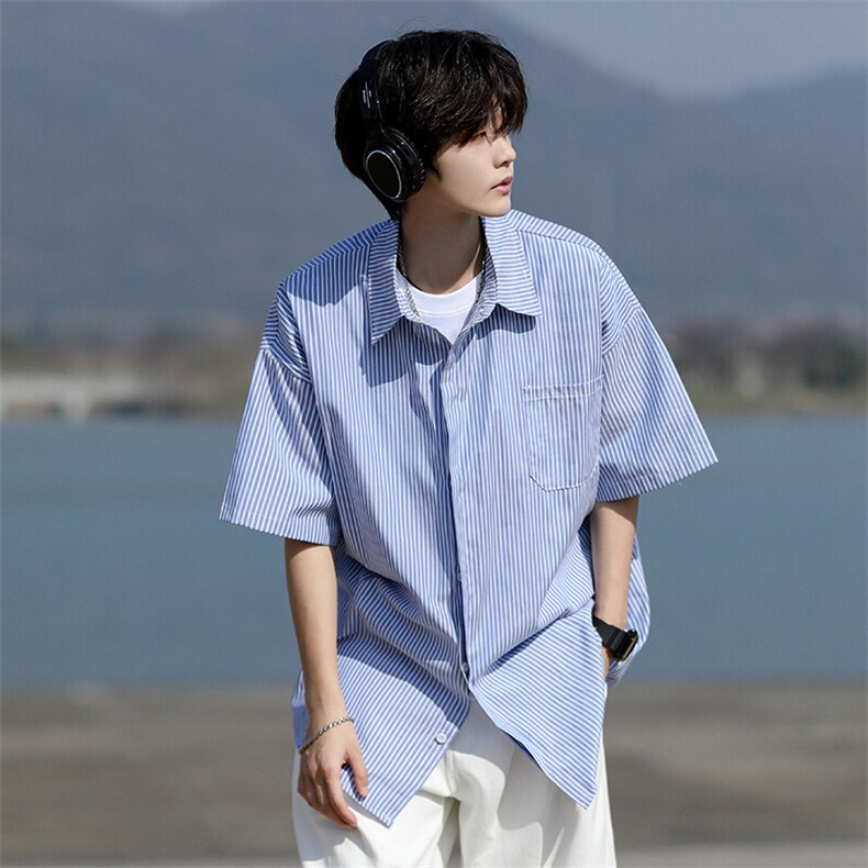8XL-M条纹短袖衬衫男夏季宽松慵懒风痞帅大码衬衣外套DC28001P40,男装衬衫,电商B312
