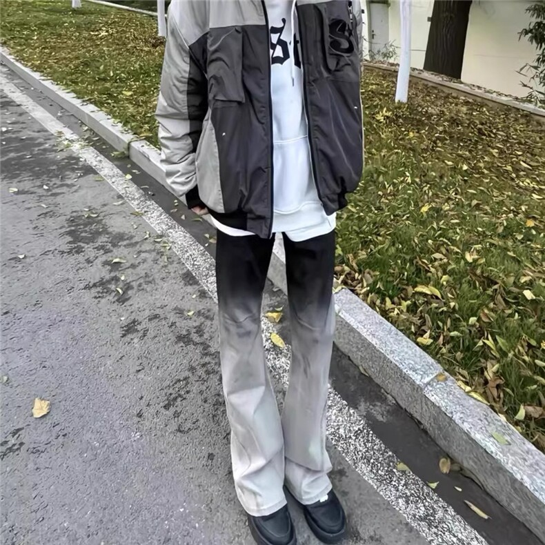 渐层色飘带微喇叭牛仔裤男百搭堆积显腿长修身直筒裤AM8038 P45图片