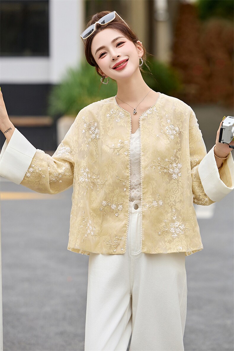 2025年夏季新款刺绣珠片欧根纱短款外套女,女装短外套,沁沁公主