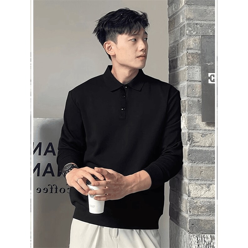 抖音得物高品质二开230克精梳珠地光版纯色宽松长袖T恤翻领POLO衫图片