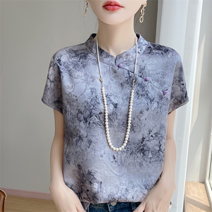 专柜品质~新中式国风盘扣真丝衬衫女夏季新款复古印花小飞袖上衣图片