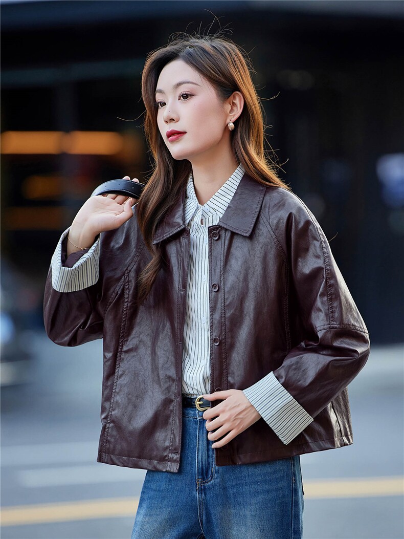 时尚翻领皮衣外套女2025春秋新款条纹拼接PU皮夹克短款高级感上衣,女装短外套,靓衣阁