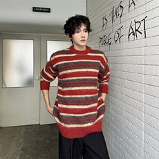 美式条纹撞色圆领宽松羊驼绒刷毛衣男慵懒秋冬针织衫MY09236-P58，男装针织衫/毛衣，星座308B-2