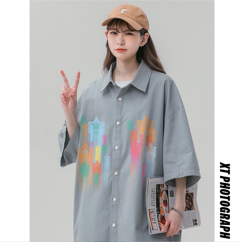 中性风美式复古夏季衬衫少女宽松潮流百搭衬衣外套S6205P35控48,男装衬衫,电商A268