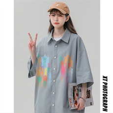 中性风美式复古夏季衬衫少女宽松潮流百搭衬衣外套S6205P35控48，男装衬衫，电商A268