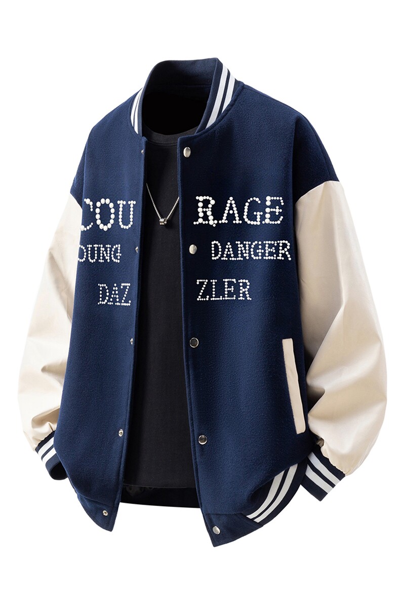 1美式珍珠PU皮袖设计大码M-5XL毛呢棒球服夹克PU皮78084P69控108,男装夹克,星座227-7
