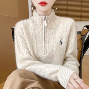 重磅加厚立领100%纯羊毛衫女半开拉链扭花毛衣宽松羊绒衫打底上衣图片