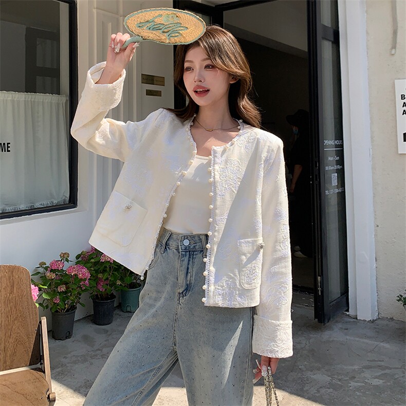 新中式刺绣亮片苎麻短外套女2025春季新款重工蕾丝钩花小香风上衣,女装短外套,浙宝208A