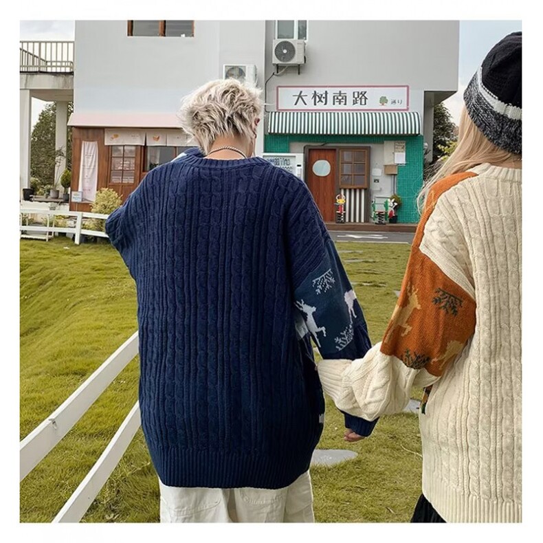 美式麻花毛衣秋冬慵懒风小众高街复古男女情侣拼接针织衫YM49/P50,男装针织衫/毛衣,星座506