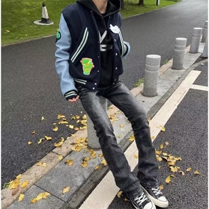 高街Cleanfit拼接撞色刺绣毛呢棒球服男春季设计感情侣短外套夹克图片