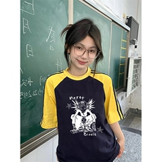 夏季美式高街重磅纯棉三条杠织带插肩撞色男女短袖T恤CZ131-特P25，男装T恤，电商A486