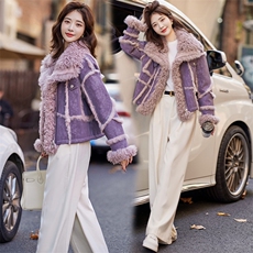 紫色高级感皮毛一体外套女短款2025冬季新款小个子设计毛茸茸上衣，女装羊羔毛/颗粒绒，千千佰惠