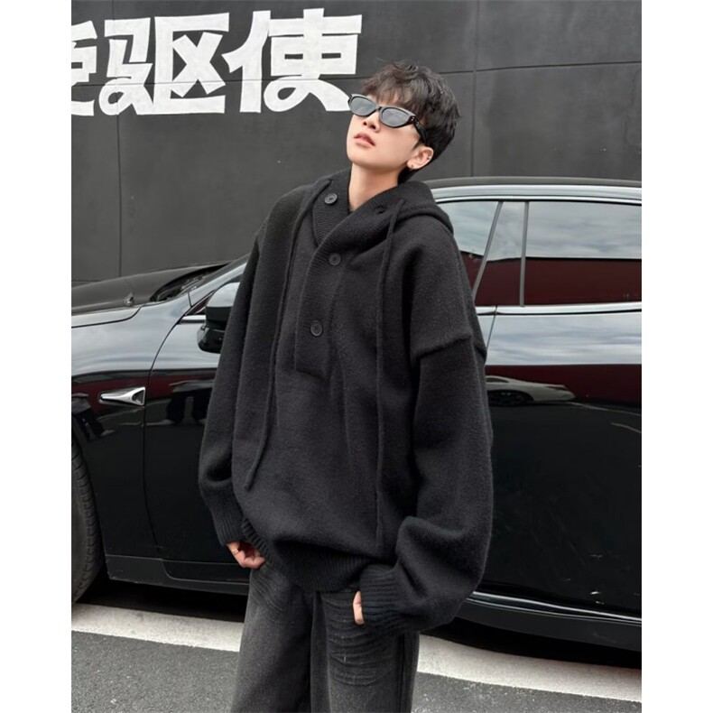 慵懒氛围感半开衫连帽毛衣男秋冬宽松休闲套头针织衫上衣M6041,男装针织衫/毛衣,星座506