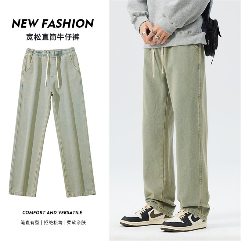 YK110-P40港风夜景宽松休闲裤大码直筒老爹裤牛仔裤跑量款泥巴黄,男装牛仔裤,星座224