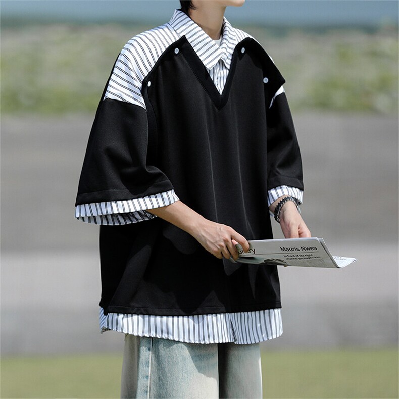 学院衬衫领t恤设计解构假两件短袖条纹拼接七分袖POLO衫DT009P50图片