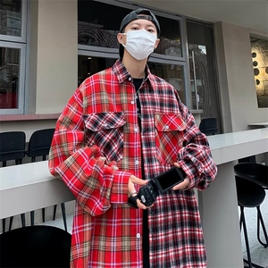 美式潮高街撞色拼接口袋格子长袖衬衫C2218-P42图片
