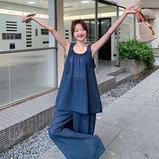 慵懒风宽松吊带上衣拖地阔腿裤套装女2025夏季新款简约休闲两件套，女装套装/套裙，浙宝305