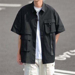 机能工装短袖衬衫男女山系街头宽松休闲翻领半袖黑色衬衣图片