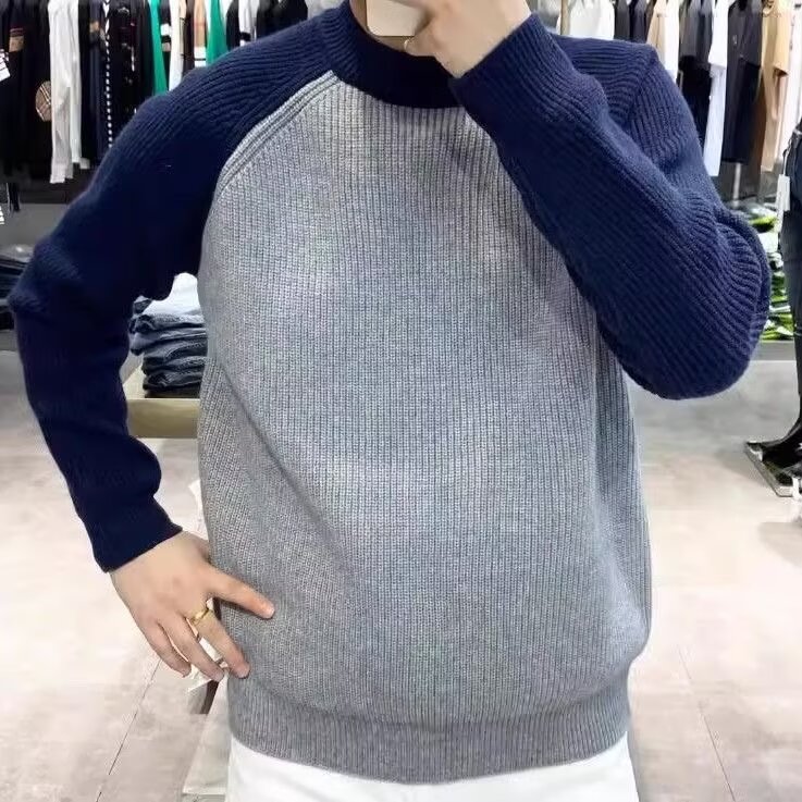 百搭软糯撞色拼接毛衣青少年冬季套头宽松打底慵懒风圆领针织衫潮图片