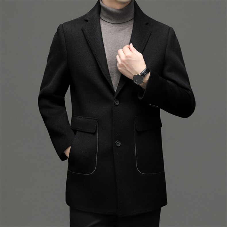 新款双面毛呢大衣中青年男士中长款秋2022简约休闲西装领纯色外套,男装毛呢大衣,钱塘6003（原4033）