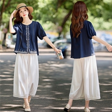 阔腿裤套装女2025夏季新款巨好看的新中式国风休闲减龄显瘦两件套，女装套装/套裙，微微衣阁