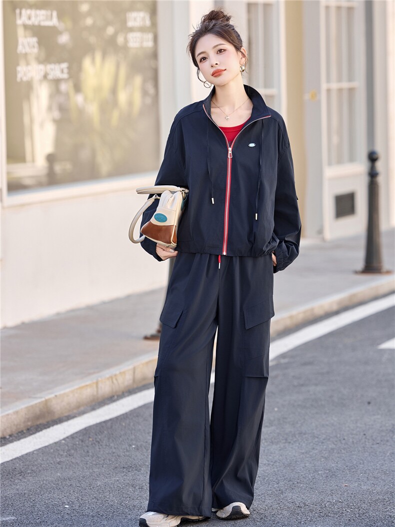 休闲撞色拼接工装套装女2025春秋新款干练时尚高级感阔腿裤三件套,女装套装/套裙,意芙