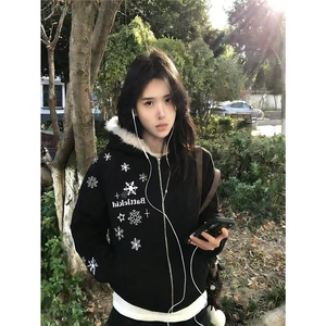美式复古雪花刺绣座山雕连帽棉服男女冬季宽松保暖情侣款外套图片