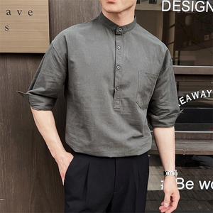 夏季男士七分袖麻料立领衬衫男休闲修身休闲衬衣A236-C666-P55图片