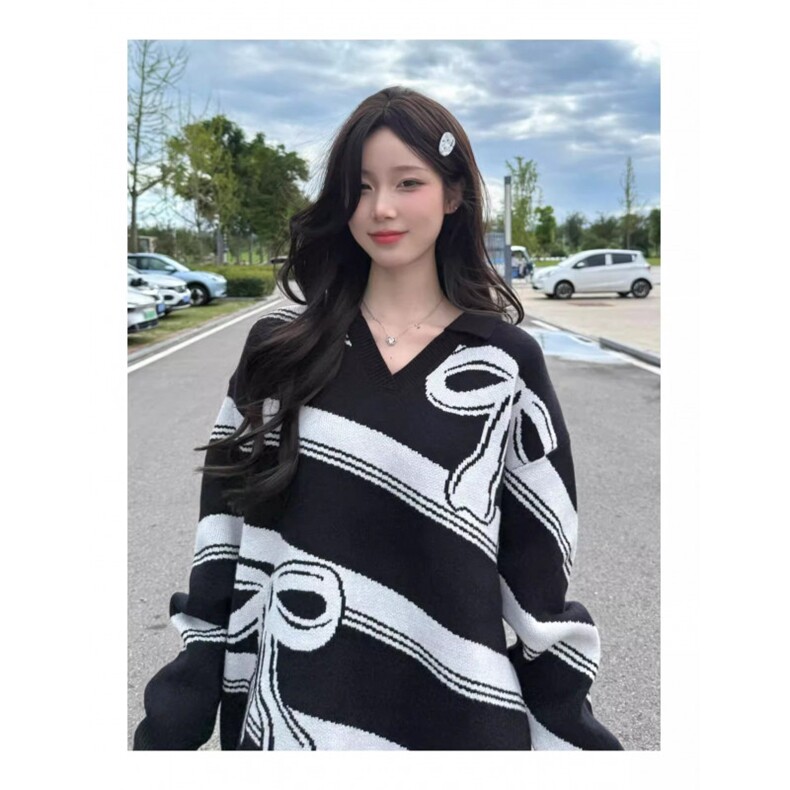 美式复古v领毛衣女早秋蝴蝶结刺绣翻领针织t恤宽松慵懒风软糯上衣,男装T恤,星座506A