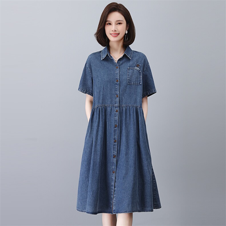 妈妈端庄大气夏装2025新款中年牛仔短袖连衣裙贵夫人时尚品牌裙子,女装连衣裙,悦见她