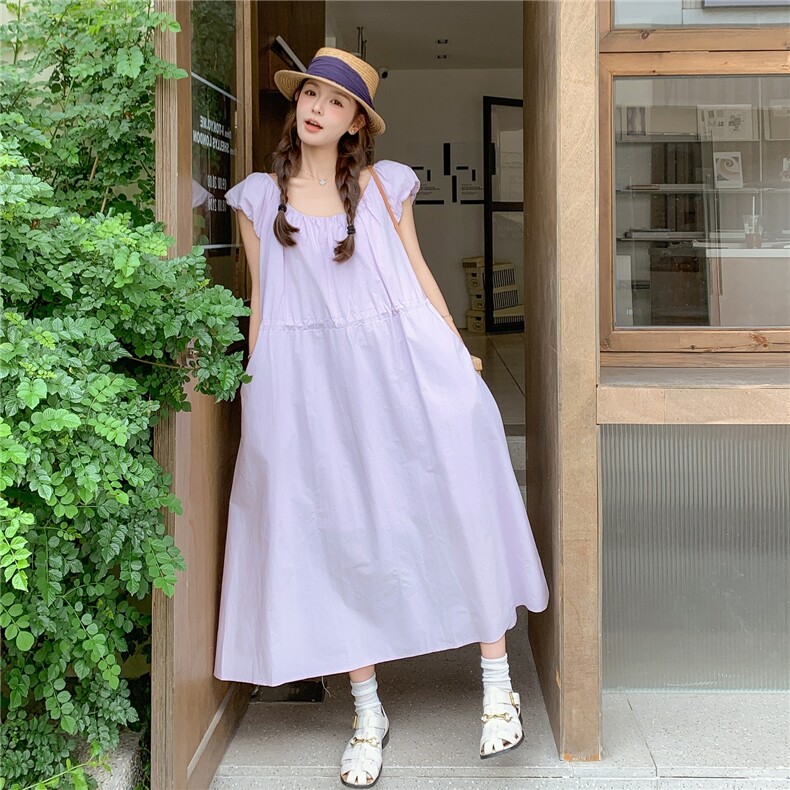 紫色泡泡袖小清新连衣裙2025新款夏季甜美森系初恋小个子爆款长裙图片