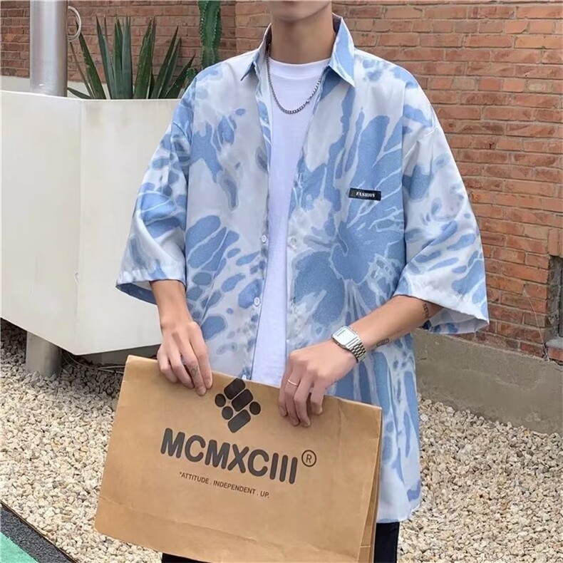 夏季薄款上衣设计感免烫短袖衬衫男装潮牌高级垂感半袖花衬衣潮,男装衬衫,星座1013