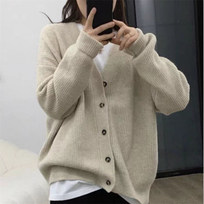 秋冬V领100纯羊毛针织开衫女宽松百搭加厚毛衣外套显瘦羊绒衫外搭,女装羊毛衫,旭驰羊绒