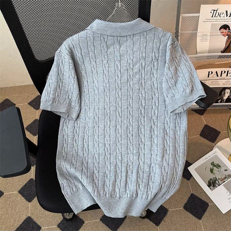 高品质百搭时尚ins潮流美式复古小马翻领宽松麻花短袖针织POLO衫,男装T恤,星座410-6（原星座1304-1）