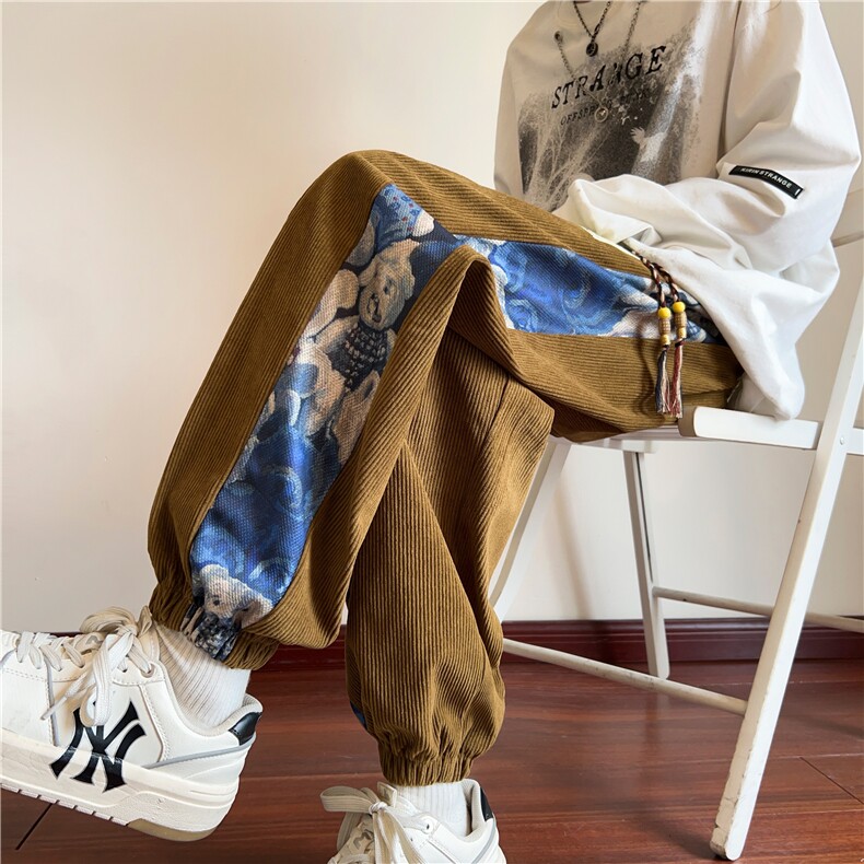 新中式小熊灯芯绒裤子男秋冬大码宽松束脚休闲长裤 M-5XL P45控58图片