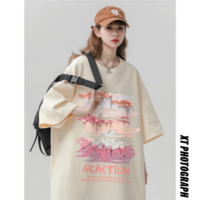 中性风夏季油画复古印花100棉圆领时尚百搭短袖T恤T1143P25控38图片