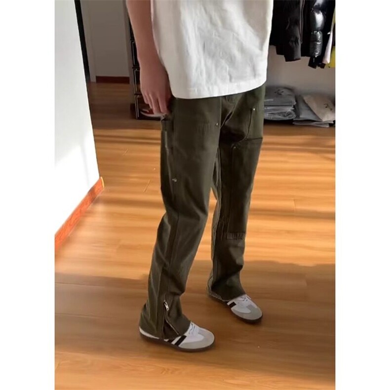 现货~军绿色修身侧拉链牛仔裤伐木裤子微喇工装裤KZ7773P65,男装牛仔裤,星座908