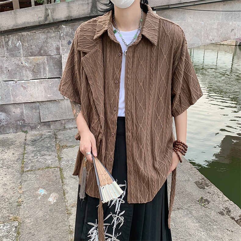 夏季新中式拼接绑带短袖衬衣复古小众肌理感衬衫男现货W8253-P43,男装衬衫,星座512-4